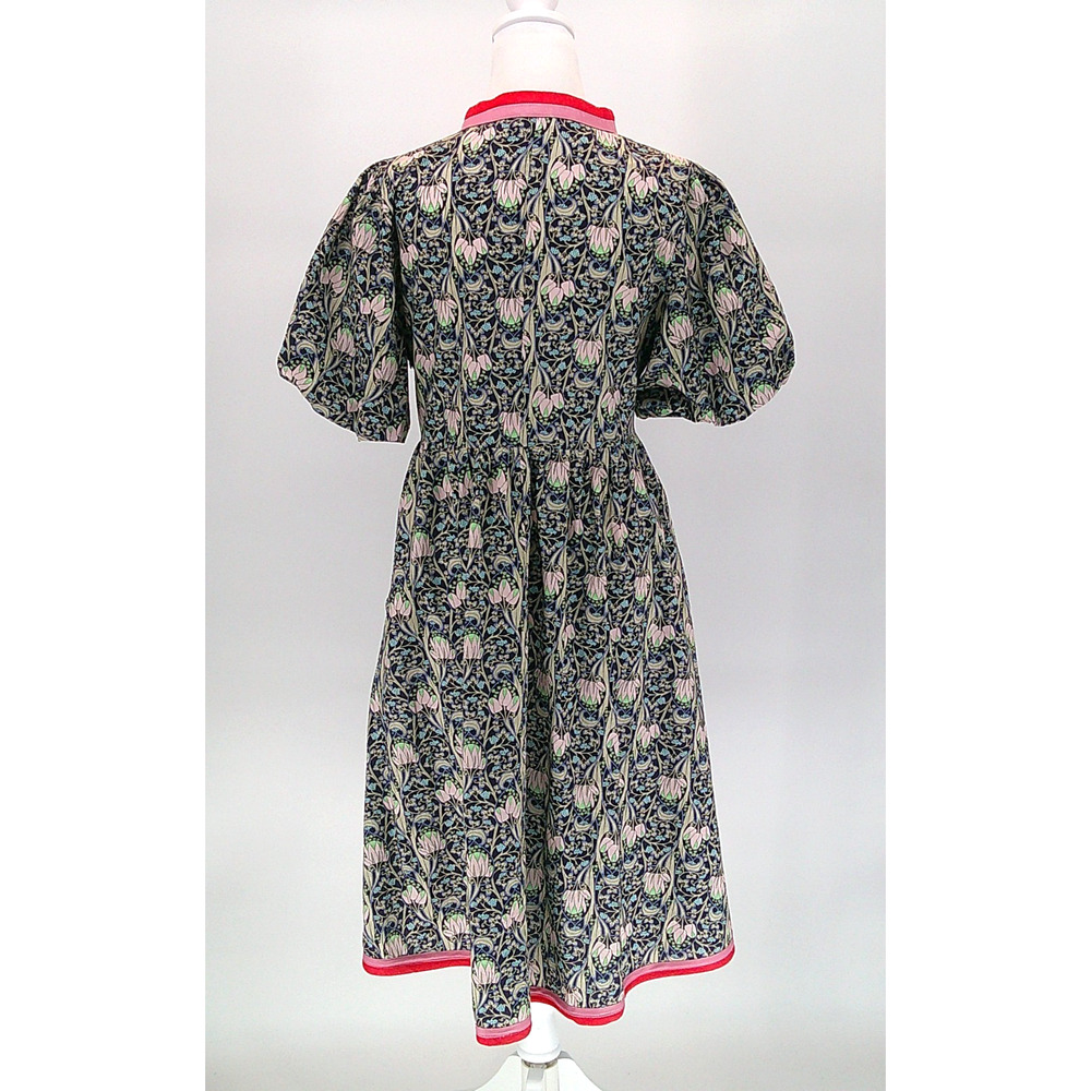 Women's Floral Print Midi Dress Sz M Voy Puff Sleeve Boho Chic Navy Pink Casual - Picture 6 of 11